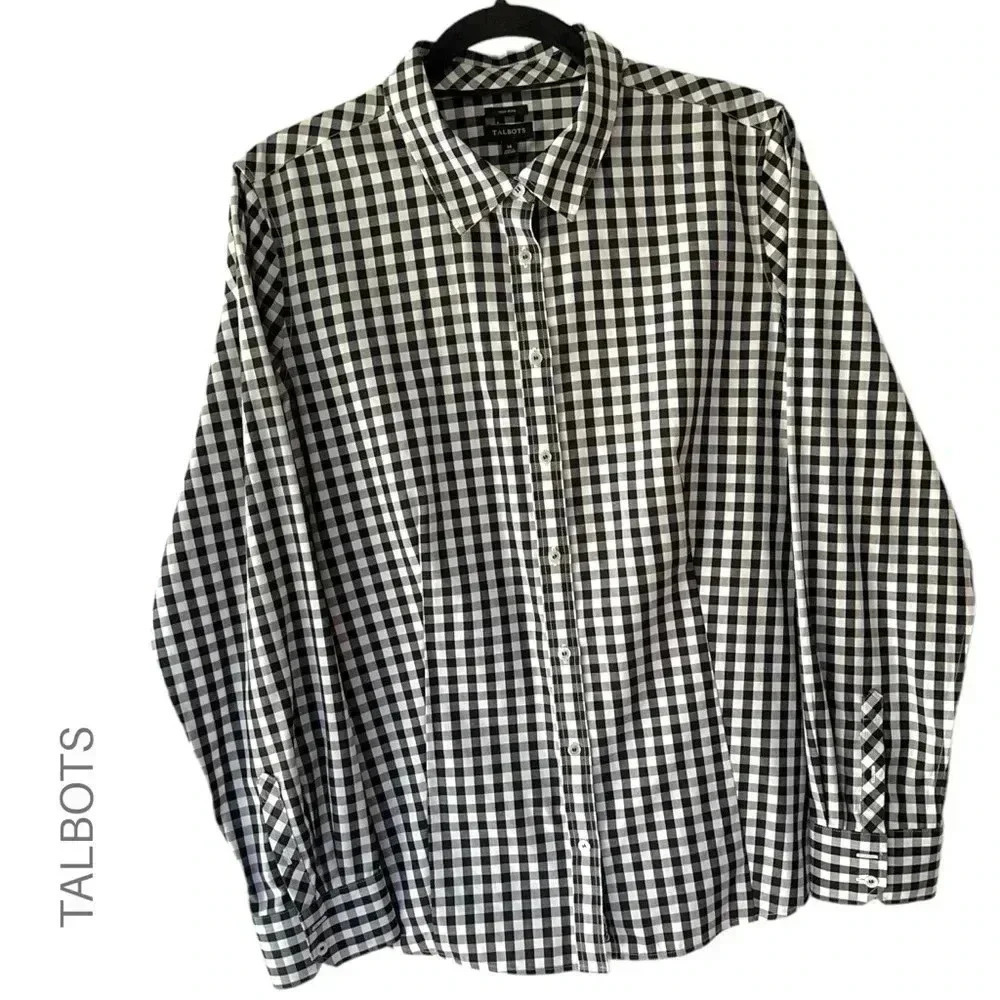 TALBOTS NWOT NO IRON SHIRT BUTTON FRONT BLACK WHITE GINGHAM COTTON | EXTRA LARGE